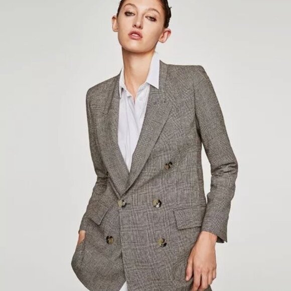 Zara Blazer Brown Micro Plaid Double Breasted - Small - Picture 1 of 16